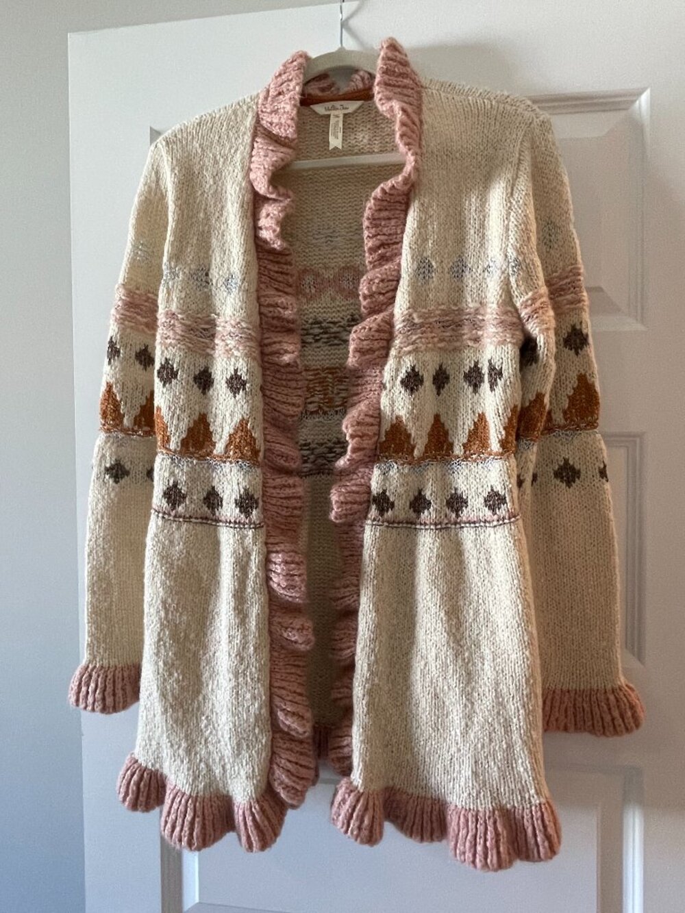 Matilda Jane Fair Isle Ruffle Trim Open Front Cardigan Sweater Ivory Pink M